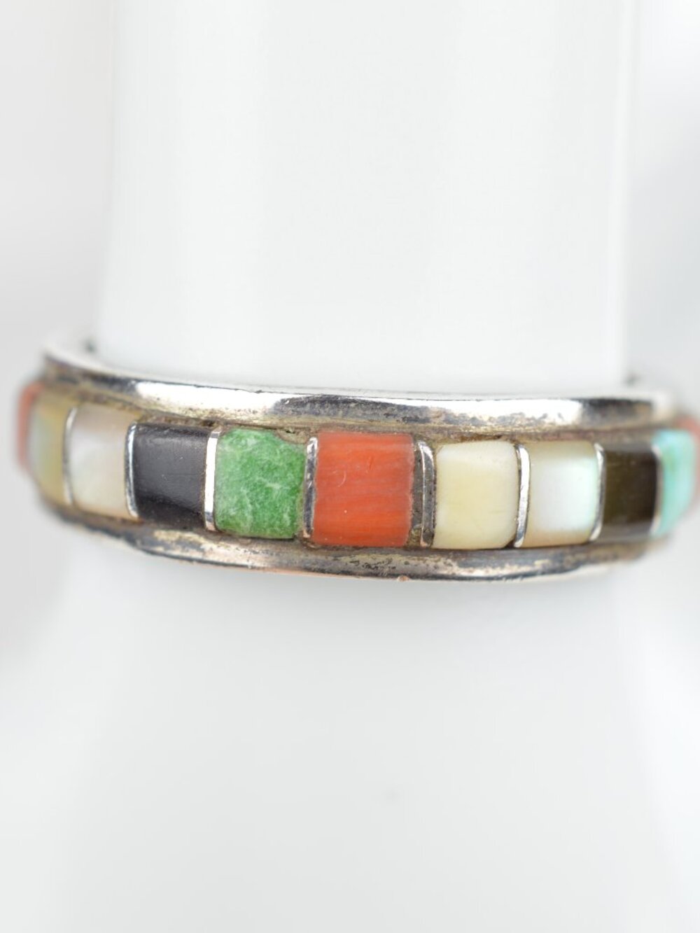Vintage Navajo Sterling Silver Multi Stone Inlay Ring Band Sz 9 Southwest 4.3g